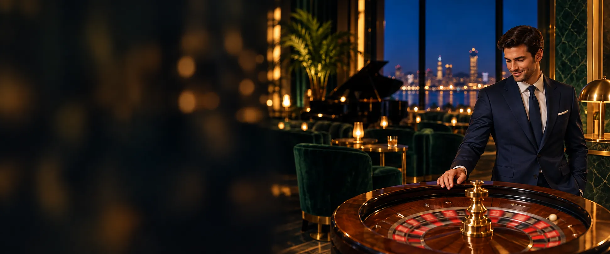 Man in a midnight-blue suit beside a spinning roulette wheel in a velvet jazz lounge
