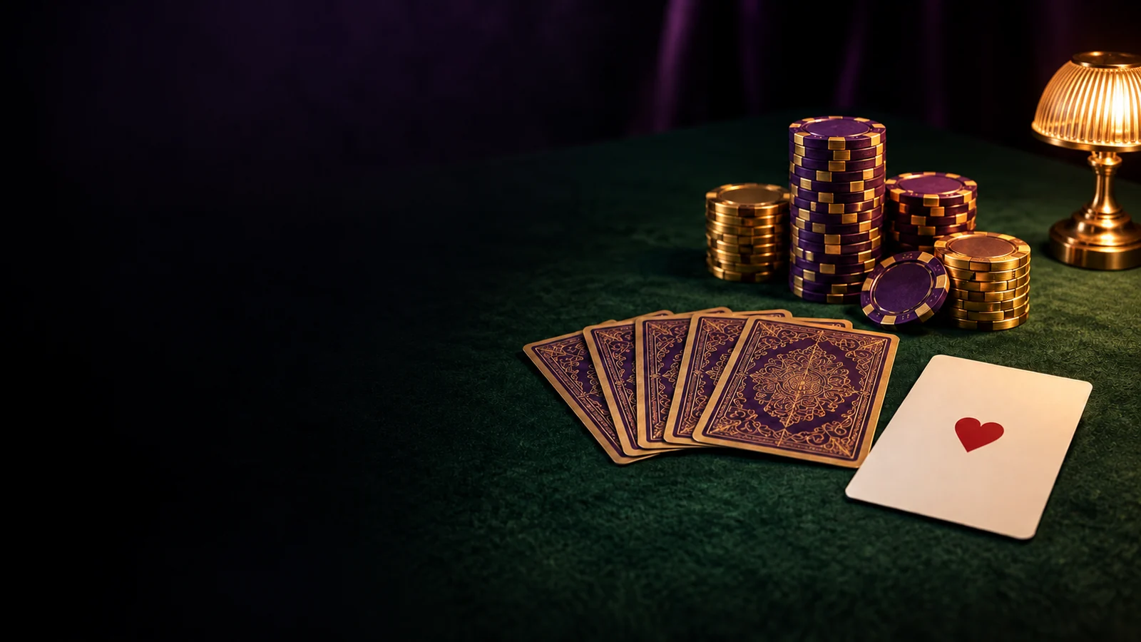 Chips and fanned playing cards on green felt
