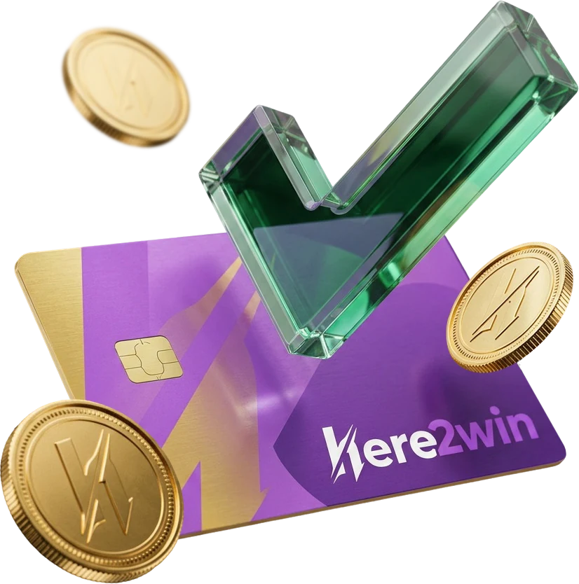 Here2Win-branded purple and gold payment card