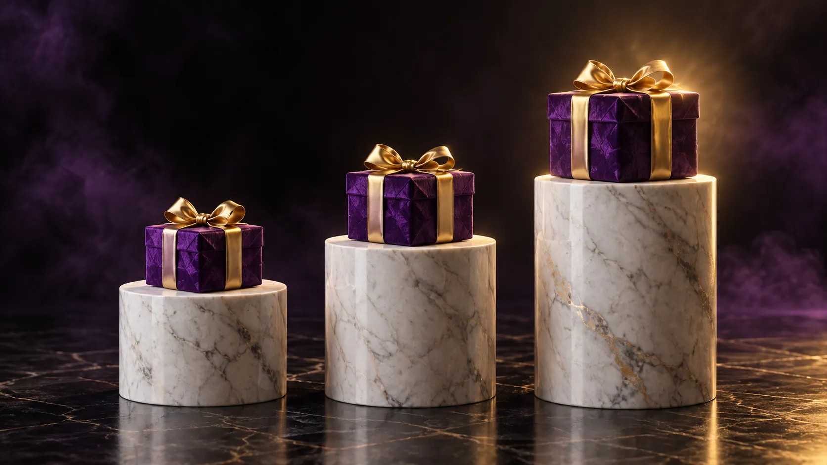 Illuminated plinths staged for each deposit tier of the welcome package