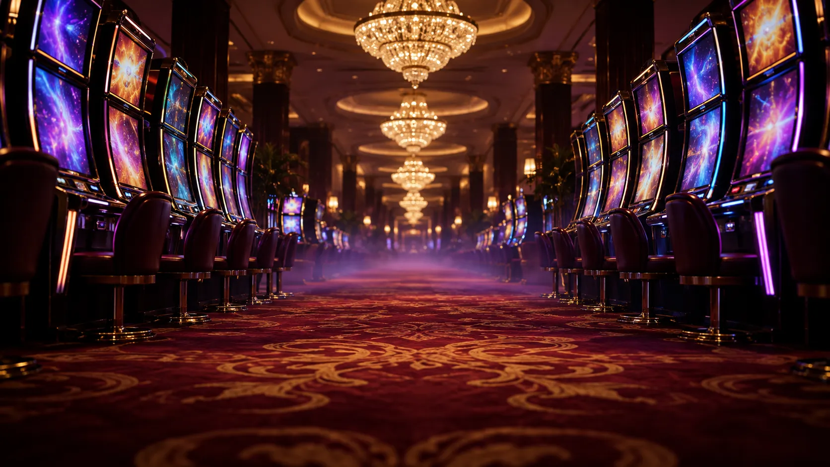 Empty luxury casino game hall lit for the evening