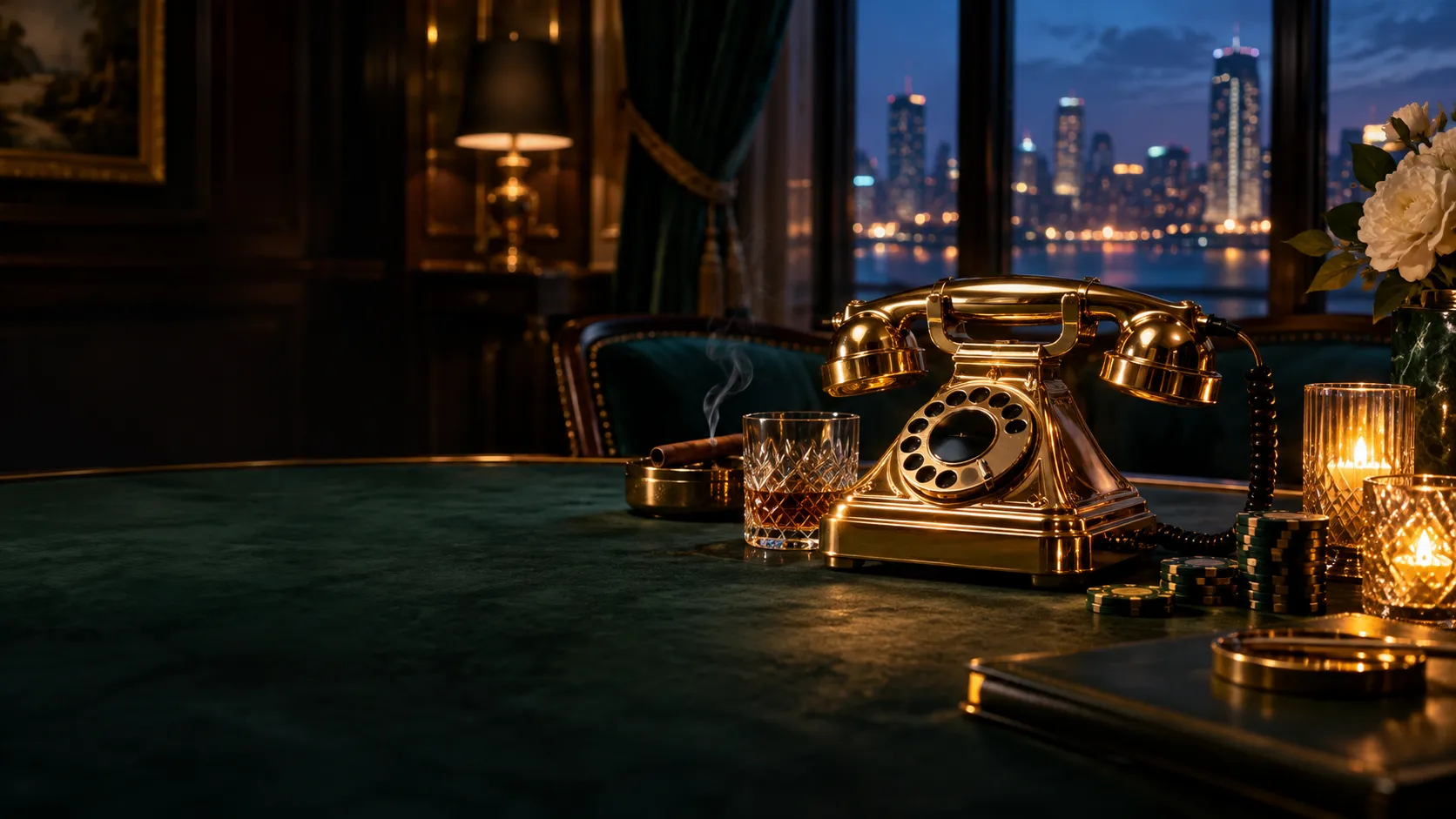 Gold vintage telephone on a candlelit private card room table, standing in for fast Here2Win Casino answers