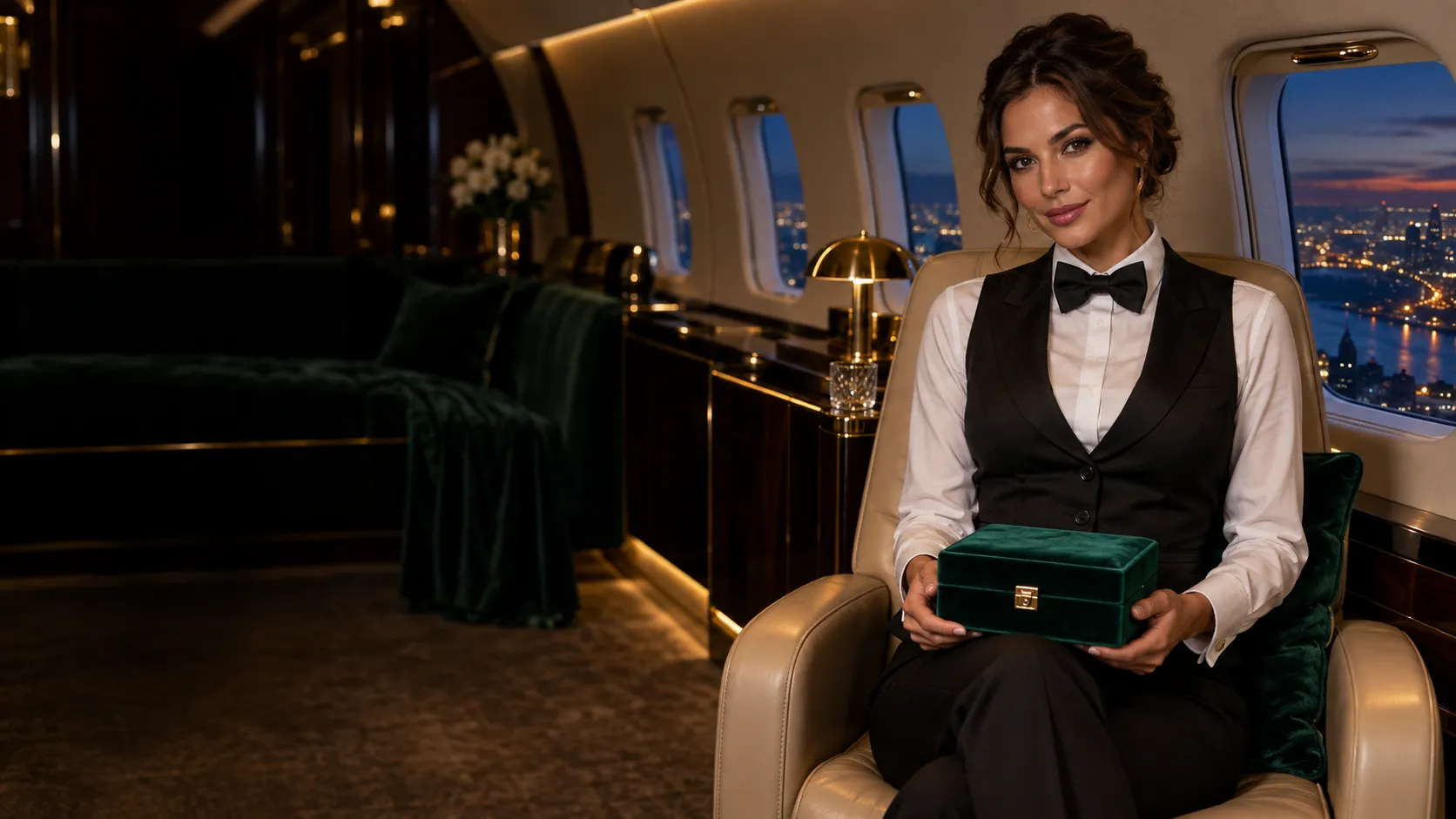Croupier in a waistcoat holding a velvet award box inside a private jet cabin