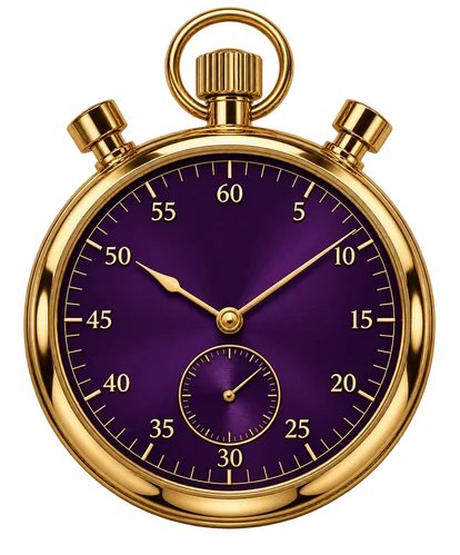 Purple-dial gold stopwatch representing payout and verification timing