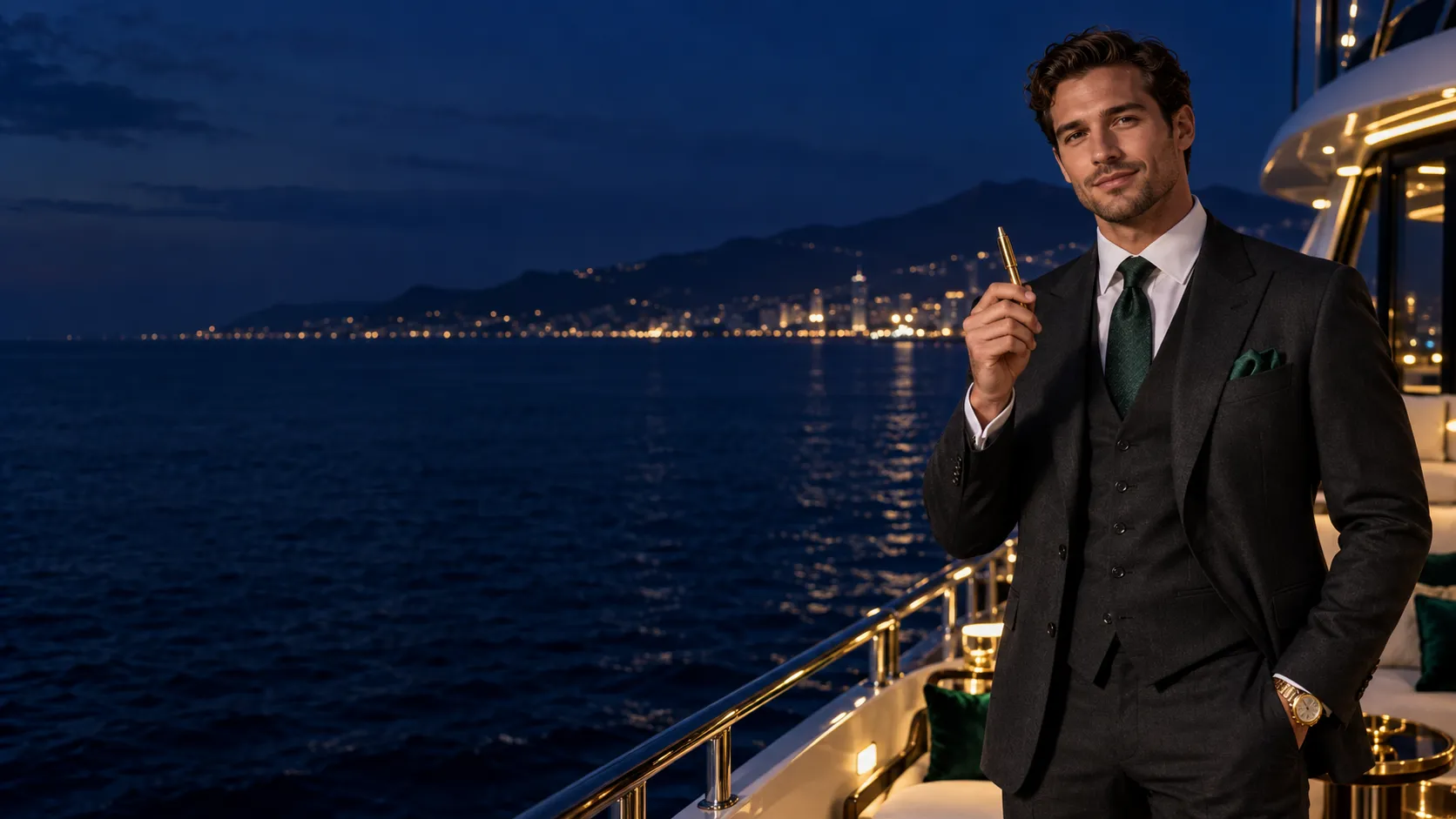 Man in a charcoal suit holding a golden pen on a superyacht deck at night