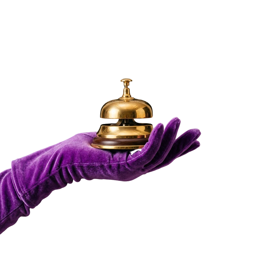 Purple velvet-gloved hand ringing a gold service bell