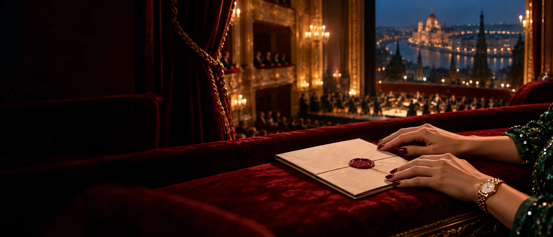 Hands resting beside a wax-sealed document in a red velvet opera box, standing in for this guide's written terms