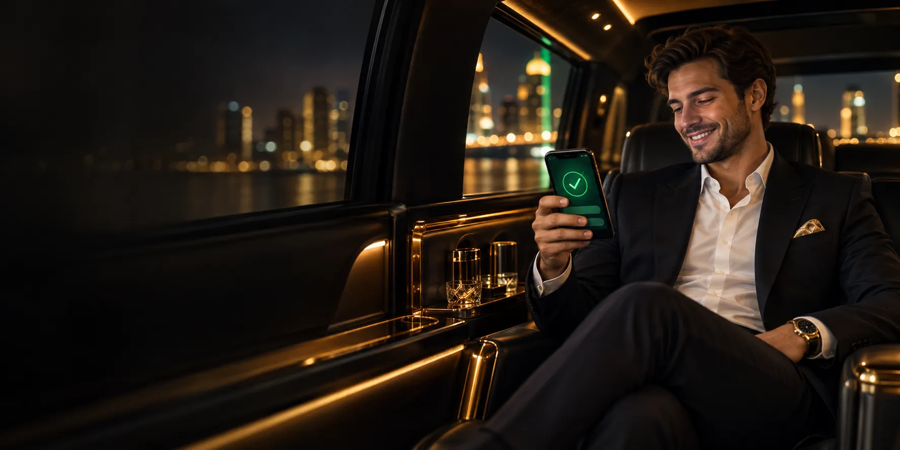 Man in a dark suit checking a successful transfer on his phone in a limousine, illustrating a Here2Win Casino withdrawal